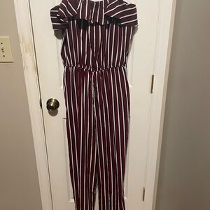 Ambiance Red and White Striped Jumpsuit with Cinched Waist